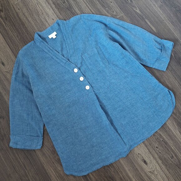 💙 Pure Jill 100% Linen Oversized Long Sleeve Blouse Size M/L Lagenlook Lightwei - Picture 2 of 7